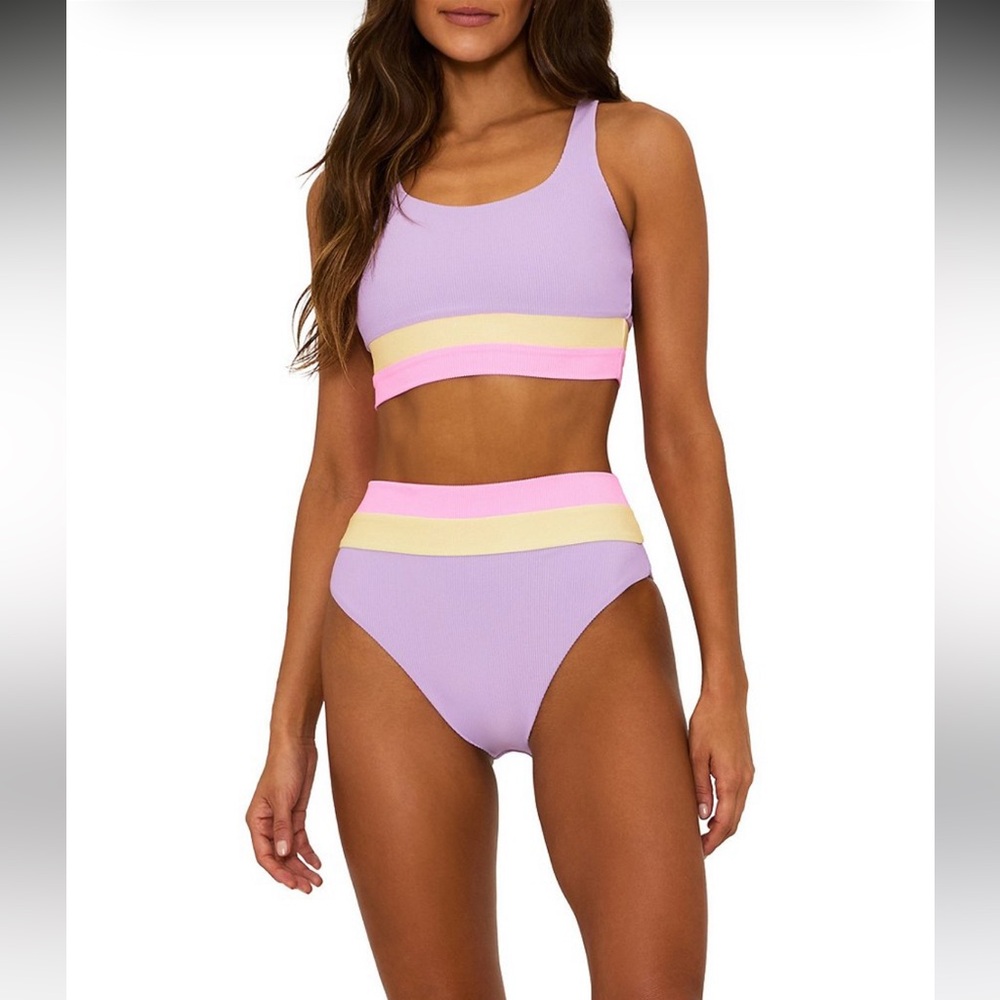 Beach Riot Pastel Ribbed High-Waist Bikini Bottom — Lavender, Pink & Pale Yellow - Picture 3 of 3
